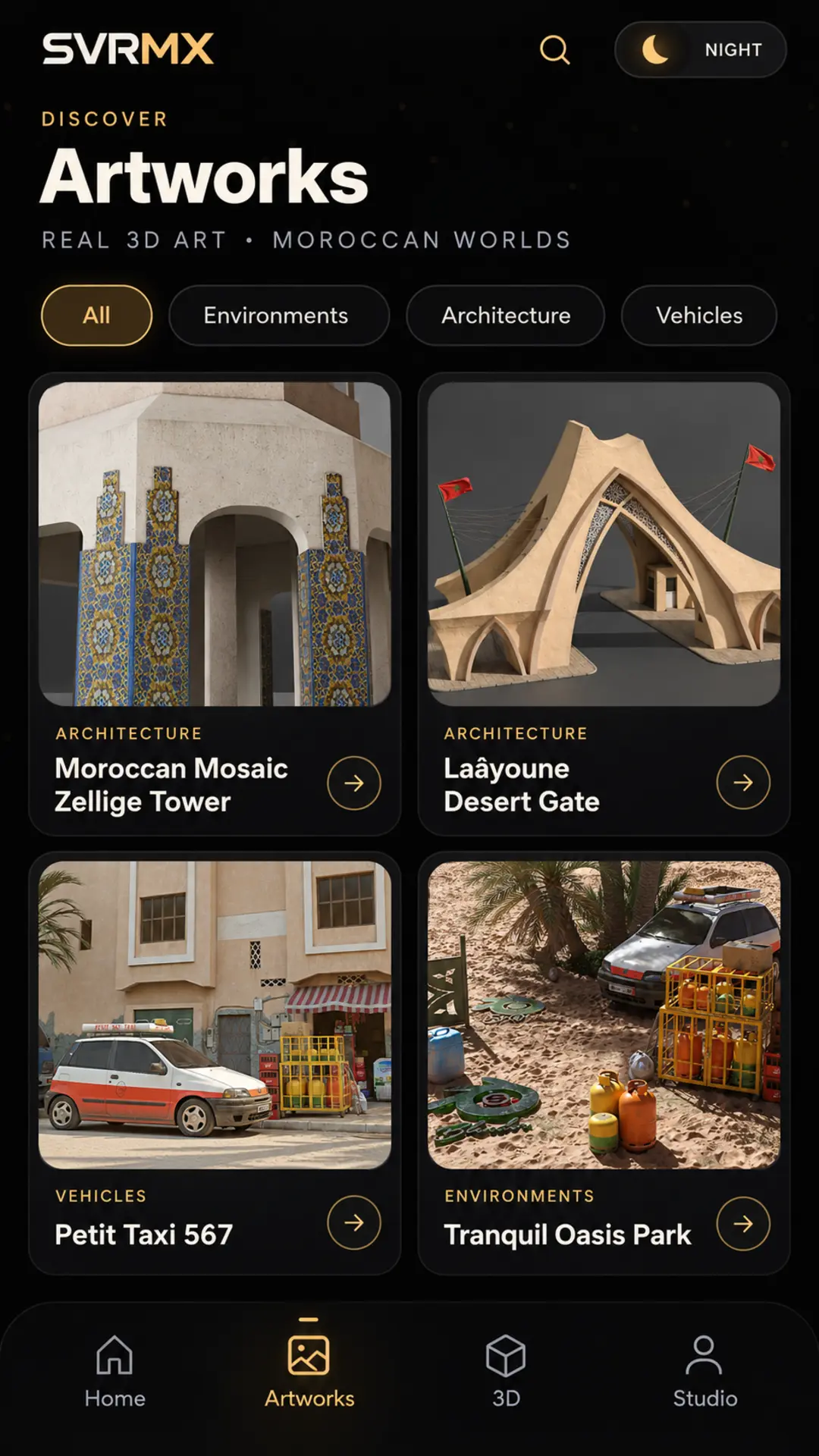 SvrMx App artwork gallery with real architecture, vehicle and environment renders
