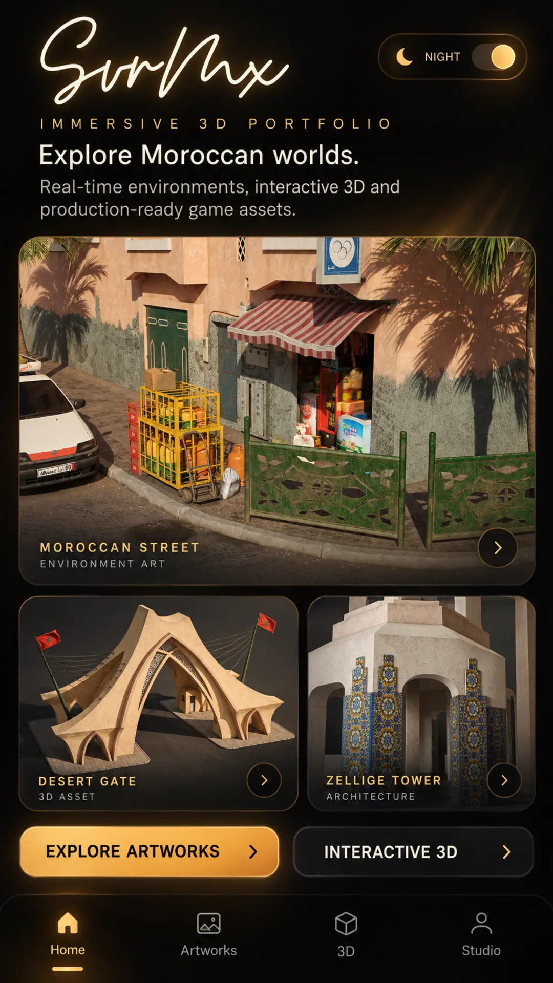 SvrMx App home screen featuring real Moroccan 3D renders